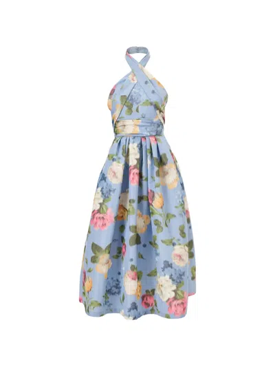 Carolina Herrera Floral Crisscross Halter Midi Dress In Blue