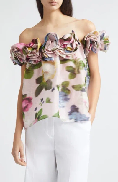Carolina Herrera Chiné Rose Print Linen & Silk Off The Shoulder Top In Multi