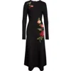 Carolina Herrera Chrysanthemum Embroidered Long Sleeve Jersey Midi Dress In Black
