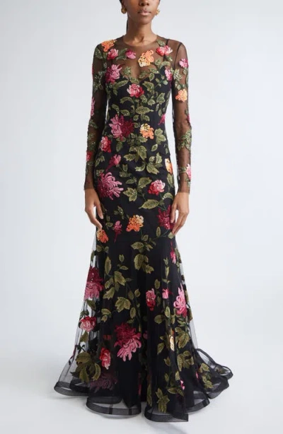 Carolina Herrera Chrysanthemum Embroidered Long Sleeve Tulle Trumpet Gown In Multi