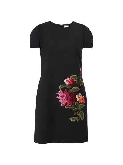 Carolina Herrera Floral Embroidered Stretch Wool Shift Dress In Black