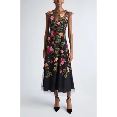 Carolina Herrera Chrysanthemum Embroidered Tulle Overlay Midi Dress In Multi