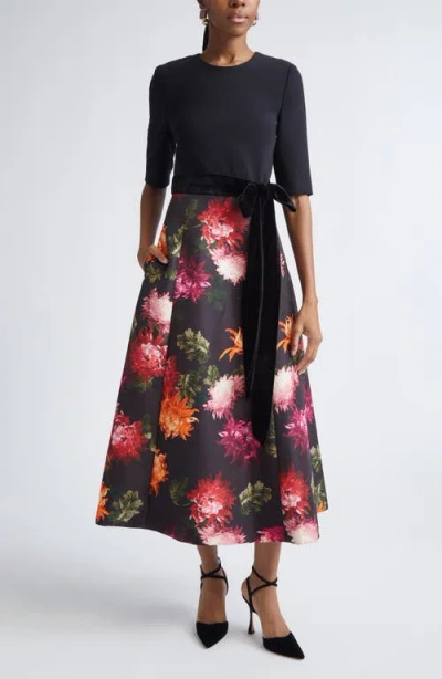 Carolina Herrera Chrysanthemum-print Bow-embellished Dress In Black