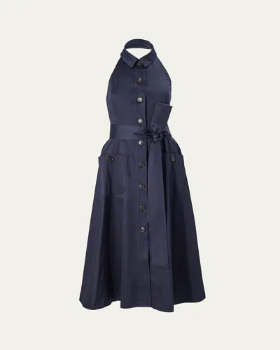 CAROLINA HERRERA COLLARED BUTTON-FRONT HALTER MIDI DRESS