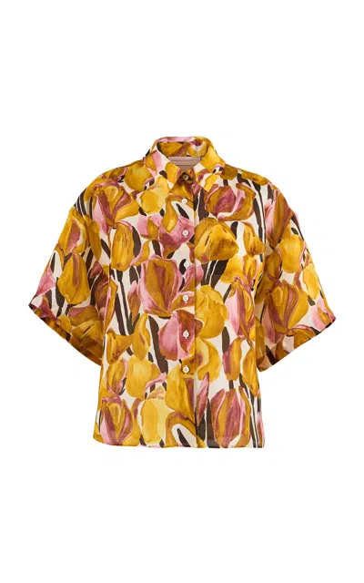 Carolina Herrera Collared Iris Print Silk Gazar Shirt In Orange