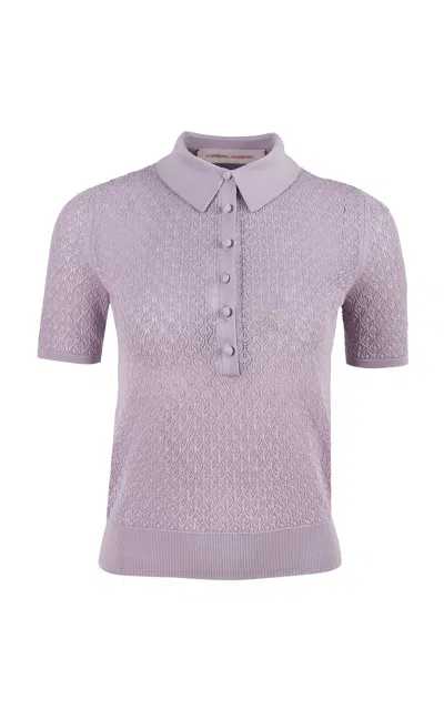 Carolina Herrera Collared Pointelle Stitch Knit Polo In Purple