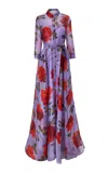 Carolina Herrera Collared Stemmed-rose-printed Crepe Trench Gown In Purple