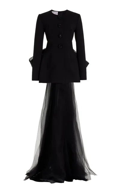 Carolina Herrera Collarless Bow-detailed Stretch-wool Jacket In Black