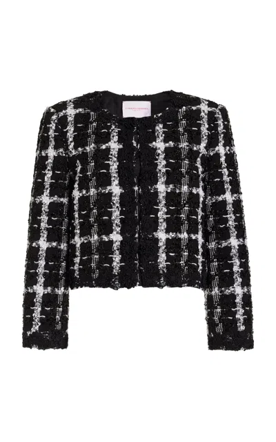 Carolina Herrera Collarless Tweed Jacket In Black,white