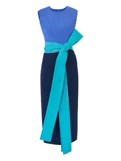 Carolina Herrera Colorblock Stretch Crepe Sheath Dress With Faille Sash In Blue