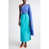Carolina Herrera Colorblock Belted Silk Faille Gown With Detachable Cape Sleeve In Multi