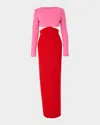 Carolina Herrera Long Sleeve Cutout Waist Column Gown In Redpink