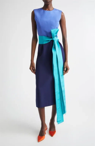 Carolina Herrera Colorblock Stretch Crepe Sheath Dress With Faille Sash In Blue