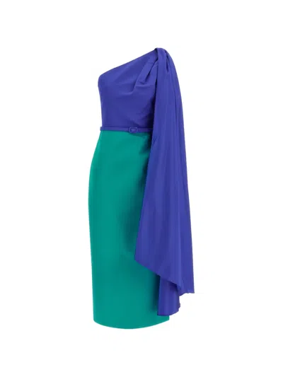 Carolina Herrera Colorblock Silk Belted One-shoulder Maxi Dress With Detachable Drape In Blue