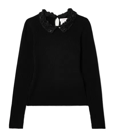 Carolina Herrera Convertible Embellished Crochet-trimmed Ribbed Wool Sweater In Black