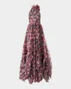 Carolina Herrera Corsage Halter Floral Ruffle Gown In Black