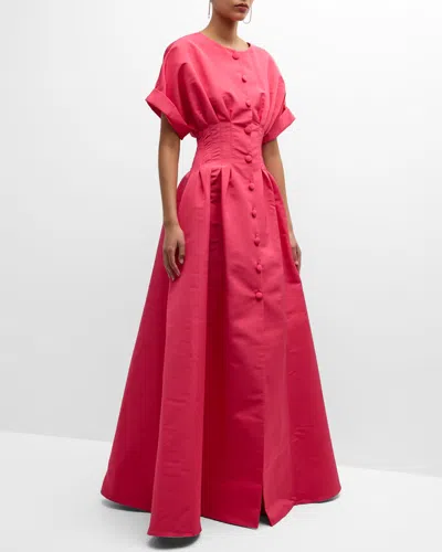 Carolina Herrera Corset-waist Short-sleeve Button-front Gown In Azalea