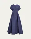 Carolina Herrera Corset-waist Short-sleeve Button-front Gown In Blue