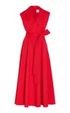 Carolina Herrera Sleeveless Slub Twill Faux Wrap Midi Dress In Red