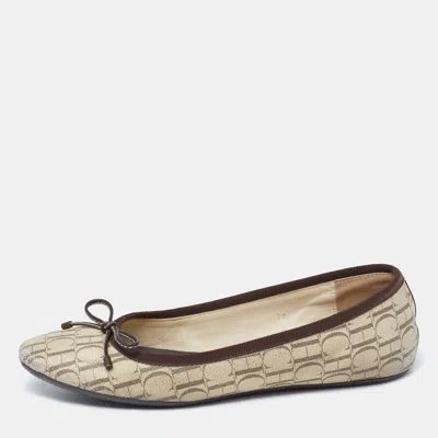 Pre-owned Carolina Herrera Cream Monogram Canvas Bow Cap Toe Ballet Flats Size 37