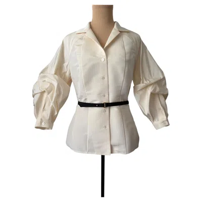 Pre-owned Carolina Herrera Cream Silk Faille Puffy Blouson Sleeve Belted Blouse Size Us 8 In White