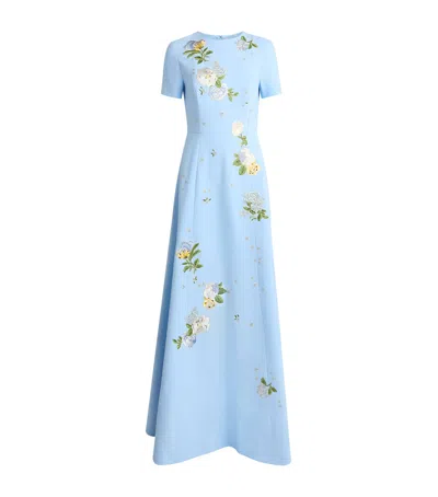 Carolina Herrera Crepe Floral Embroidered Gown In Blue