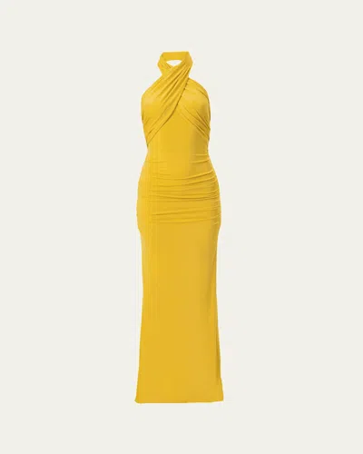 Carolina Herrera Crisscross Halter Ruched Gown In Yellow