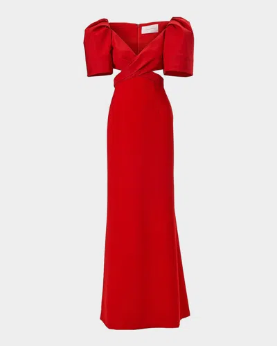 Carolina Herrera Crisscross V-neck Bell-sleeve Cutout Gown In Red