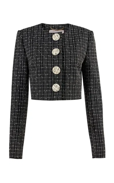 Carolina Herrera Cropped Slub Yarn Check Tailoring Jacket In Black
