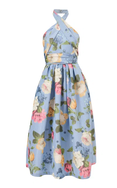 Carolina Herrera Crossed Halter Garden Floral Chine Midi Dress In Blue