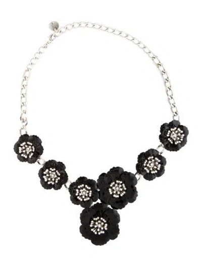 Pre-owned Carolina Herrera Crystal & Enamel Flower Collar Necklace, 20.75" In Black/clear