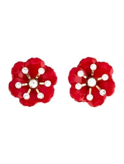 Pre-owned Carolina Herrera Crystal & Enamel Small Flower Earclip Earrings In Clear/red