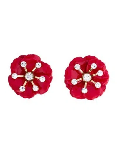 Pre-owned Carolina Herrera Crystal & Enamel Small Flower Earclip Earrings In Clear/red