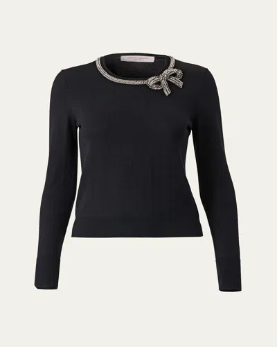 Carolina Herrera Crystal Bow Crewneck Sweater In Black