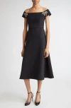 Carolina Herrera Crystal Bow Off The Shoulder Stretch Crepe Midi Dress In Black