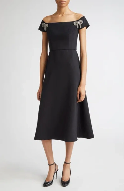 Carolina Herrera Crystal Bow Off The Shoulder Stretch Crepe Midi Dress In Black
