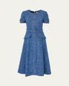 Carolina Herrera Crystal Button-front Tweed Midi Dress With Belt In Blue