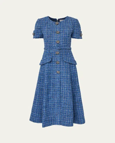 CAROLINA HERRERA CRYSTAL BUTTON-FRONT TWEED MIDI DRESS WITH BELT