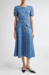 Carolina Herrera Crystal Button Tweed A-line Dress In Blue