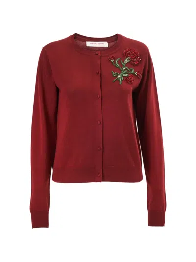Carolina Herrera Crystal-embroidered Rose Cardigan In Burgundy