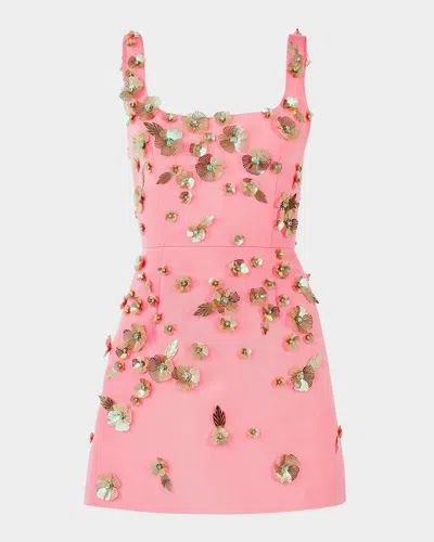 Carolina Herrera Crystal Flower Applique Sleeveless Mini Dress In Pink