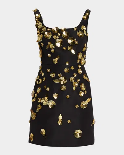 Carolina Herrera Crystal Flower Applique Sleeveless Mini Dress In Black
