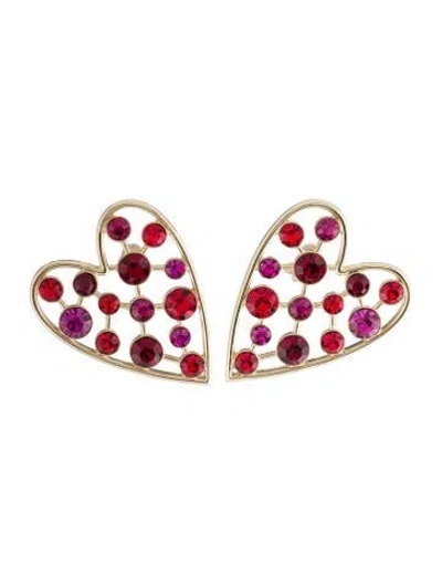 Pre-owned Carolina Herrera Crystal Heart Drop Earrings In Pink/red