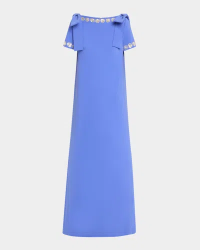 Carolina Herrera Crystal-trim Boatneck Column Gown With Shoulder Bows In Delphinium