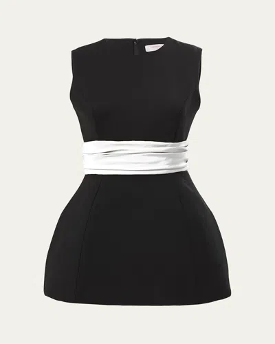 Carolina Herrera Cummerbund Waist Sleeveless Wool Top In Blkivory