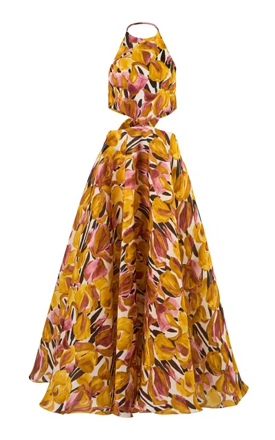 Carolina Herrera Cutout Iris Print Silk Gazar Maxi Dress In Multi