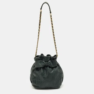 Pre-owned Carolina Herrera Dark Green Monogram Embossed Leather Bow Bucket Bag