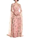 Carolina Herrera Plunging Floral-print Ruffle Cape Gown