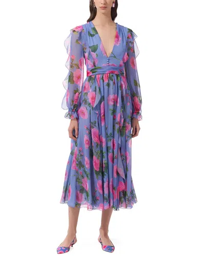 CAROLINA HERRERA DEEP V RUFFLED SILK MIDI DRESS