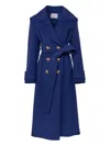 Carolina Herrera Flower Button Wool Long Peacoat In Blue